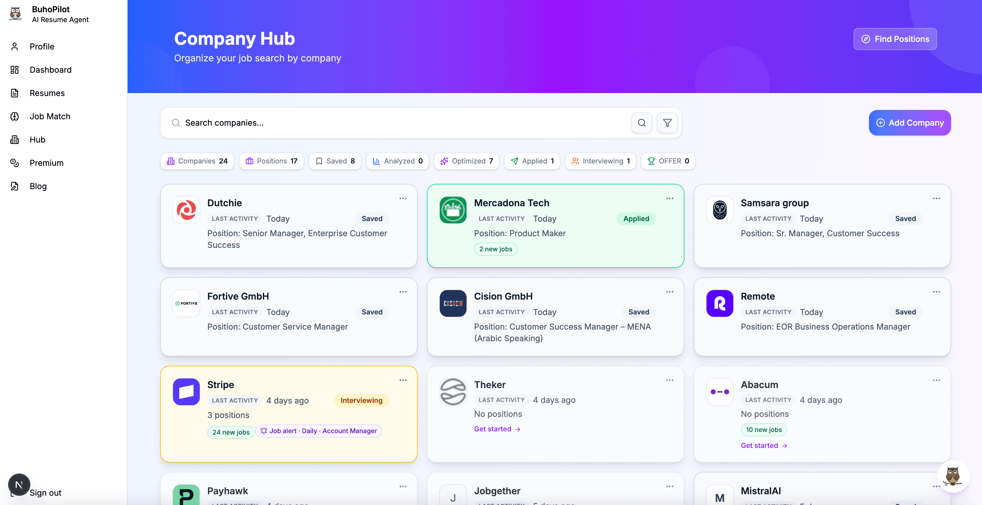 BuhoPilot Company Hub list showing tracked companies and pipeline status