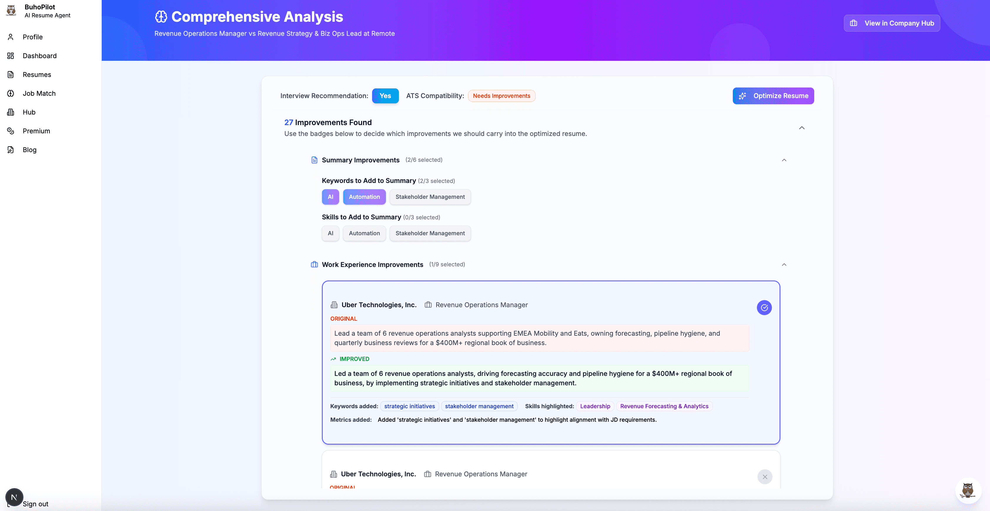 BuhoPilot Job Match analysis showing fit insights, keyword gaps, and resume improvements