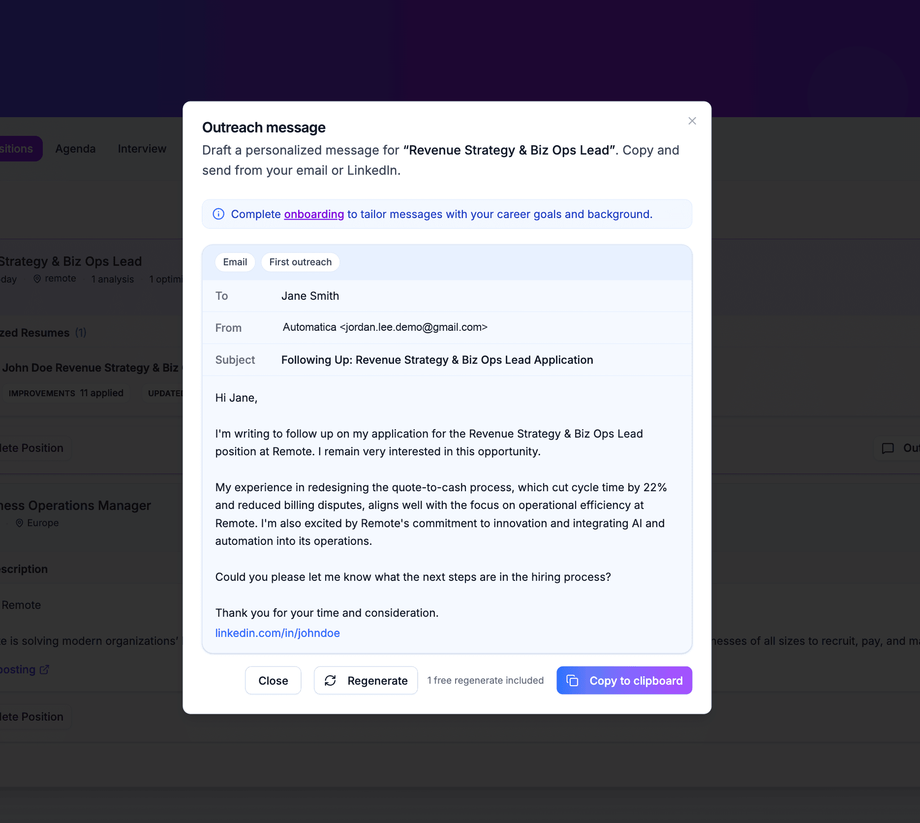 BuhoPilot outreach draft for Email or LinkedIn with tone controls
