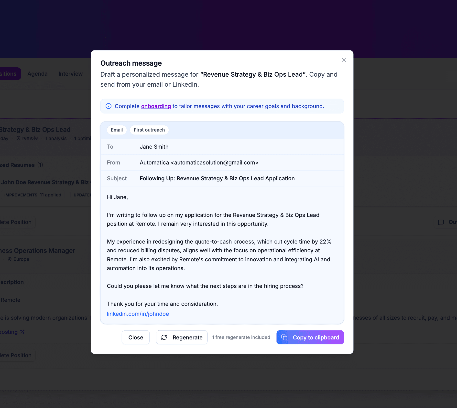 BuhoPilot outreach draft for Email or LinkedIn with tone controls