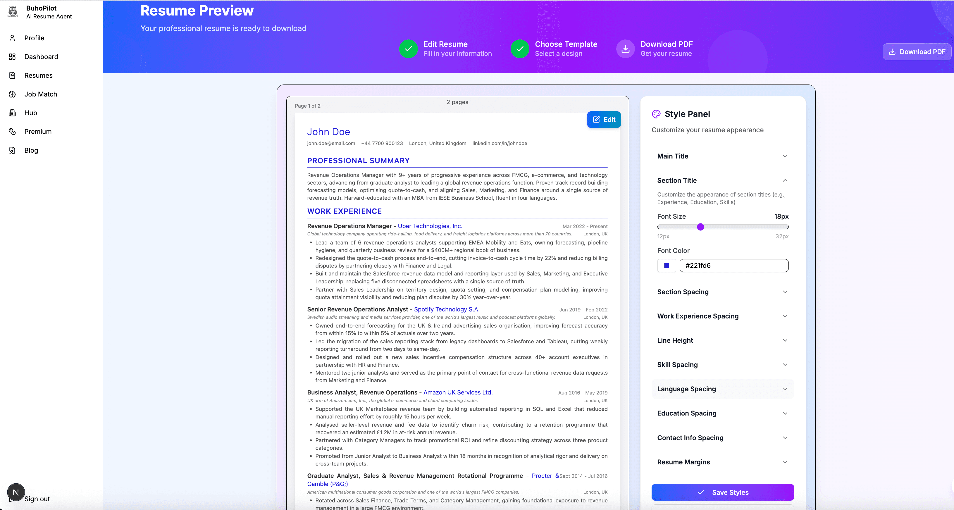 BuhoPilot resume preview with an ATS-friendly template and style customization panel