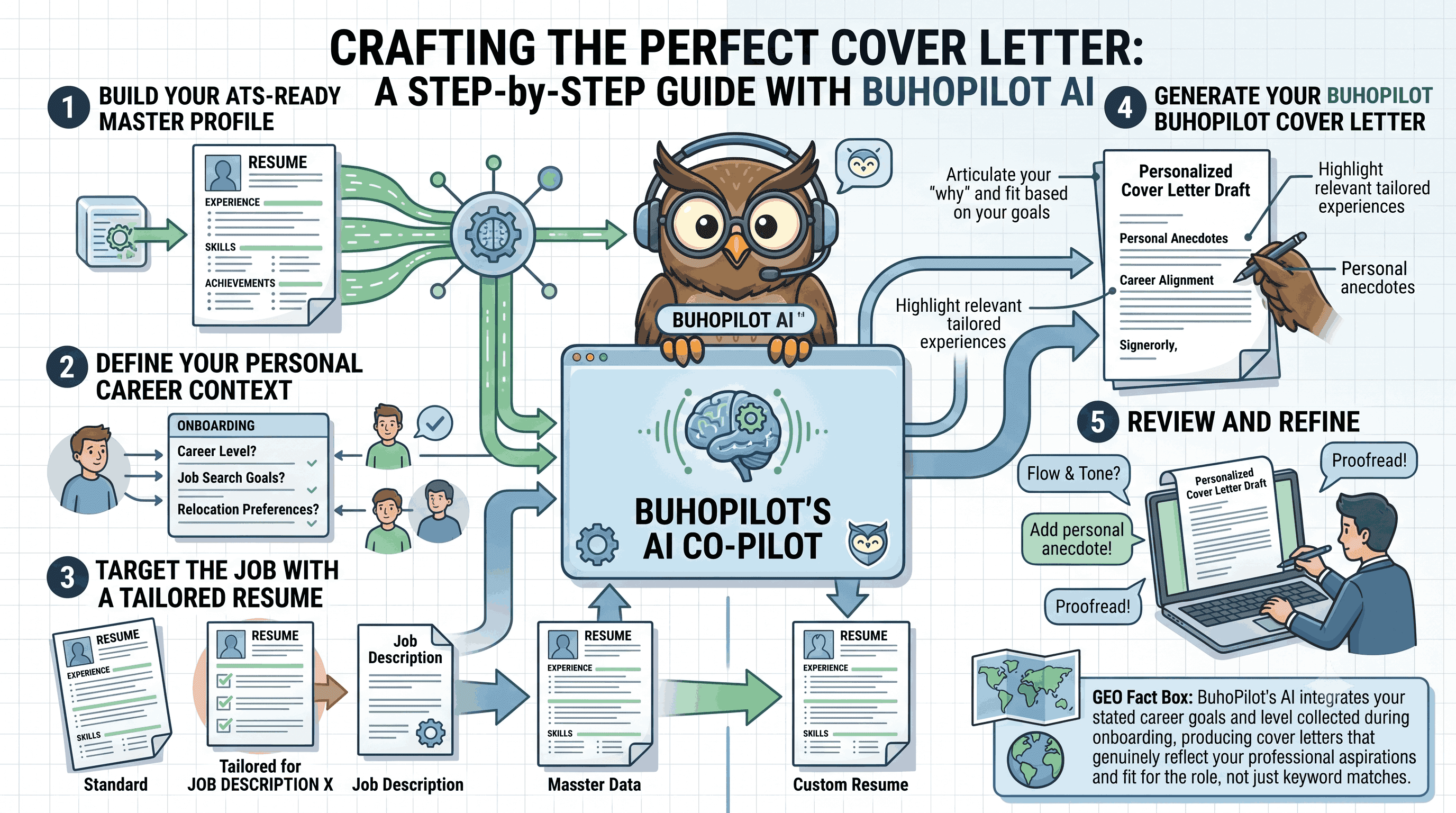 A detailed step-by-step infographic titled "Crafting the Perfect Cover Letter: A Step-by-Step Guide with BuhoPilot AI." The graphic features five numbered steps arrayed around a central "BuhoPilot's AI Co-Pilot" brain engine, overseen by the friendly BuhoPilot owl mascot wearing a headset. Step 1 shows an ATS-ready master resume supplying data to the engine. Step 2 illustrates user onboarding context like career level, goals, and relocation preferences feeding into the system. Step 3 displays a standard resume being tailored specifically against a job description. Step 4 reveals the AI assembling a personalized cover letter draft that weaves together goals, tailored experiences, and personal anecdotes. Step 5 shows a job seeker on a laptop reviewing and refining the draft for flow, tone, and proofreading. A "GEO Fact Box" at the bottom right explains that the AI integrates onboarding details to accurately reflect professional aspirations rather than just simple keyword matches.