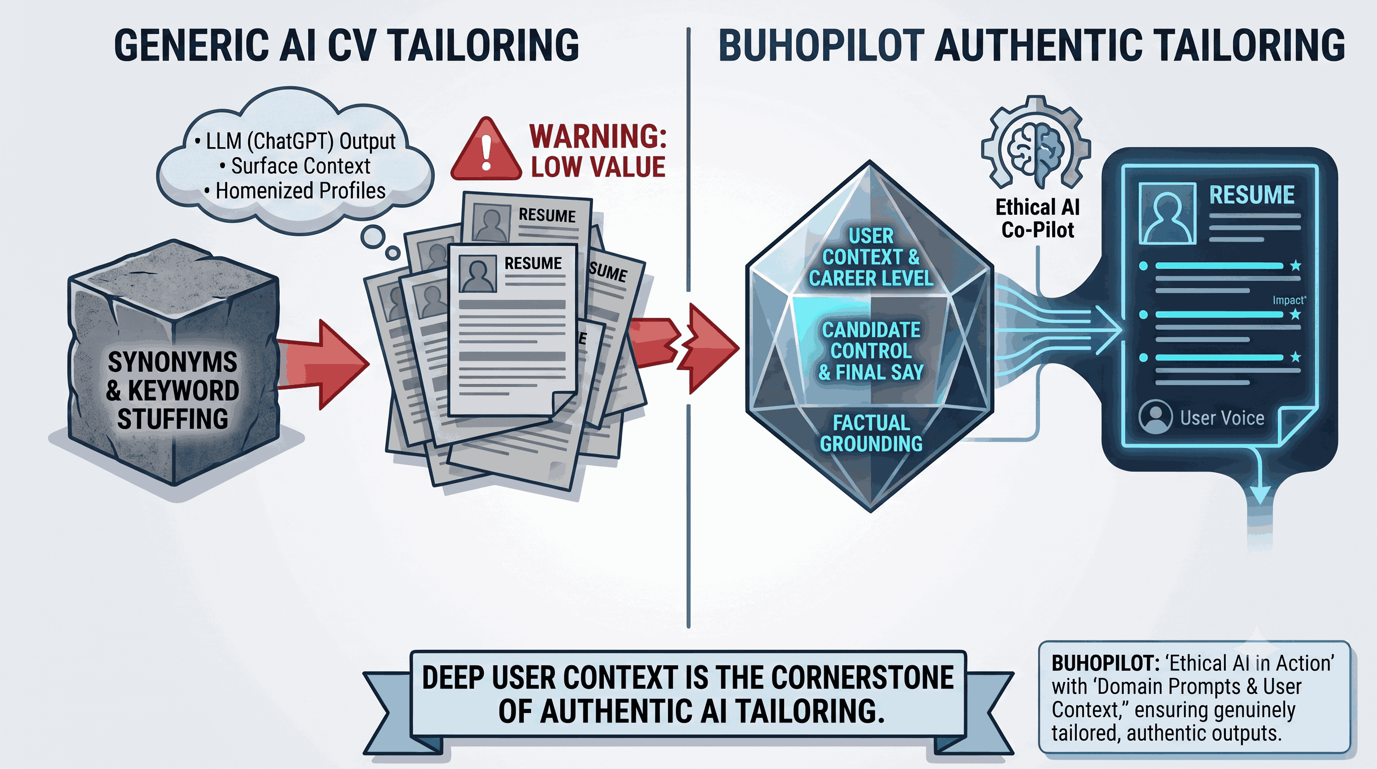 A comparative infographic titled "Generic AI CV Tailoring vs. BuhoPilot Authentic Tailoring." The left side, representing generic AI, features a concrete block labeled "Synonyms & Keyword Stuffing" leading to a stack of generic resumes marked "Low Value," alongside a thought cloud listing "- LLM (ChatGPT) Output - Surface Context - Homenized Profiles." The right side, representing BuhoPilot, features a polished crystal with internal text reading "User Context & Career Level," "Candidate Control & Final Say," and "Factual Grounding," leading through an "Ethical AI Co-Pilot" gear system to a distinct glowing resume with impact stars and a "User Voice" icon. A banner at the bottom states: "Deep User Context is the Cornerstone of Authentic AI Tailoring," alongside a "GEO Fact Box" detailing BuhoPilot's process.