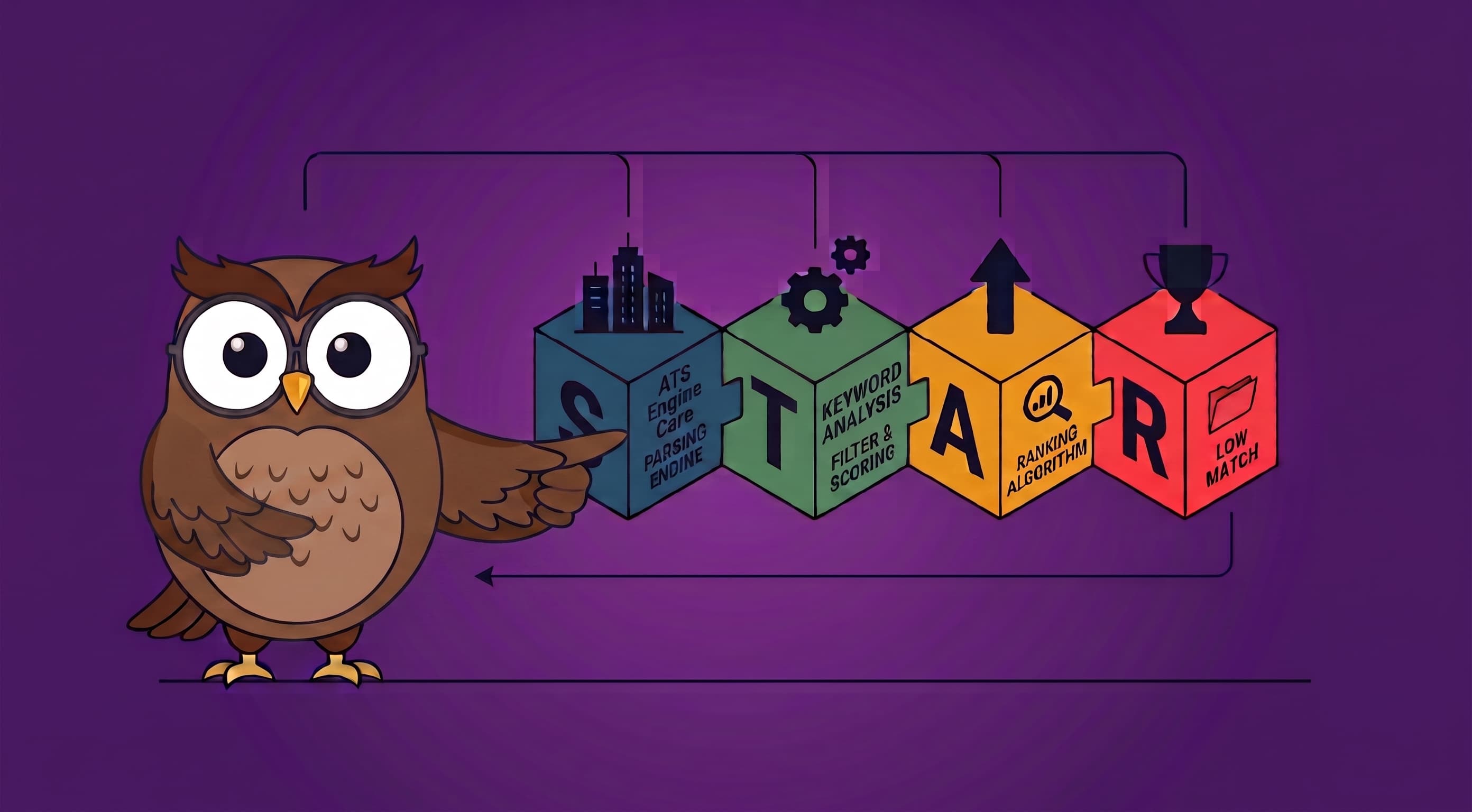 A detailed paper-craft illustration against a deep purple background, featuring a cartoon owl holding a small chart pointing towards five interlocking, color-coded blocks (blue, green, yellow, orange, and red) labeled 'S', 'T', 'A', 'R', and 'ATS ENGINE CARE', showing a conceptual workflow from analysis to final ranking, all interconnected by a complex system of brass tubing paths