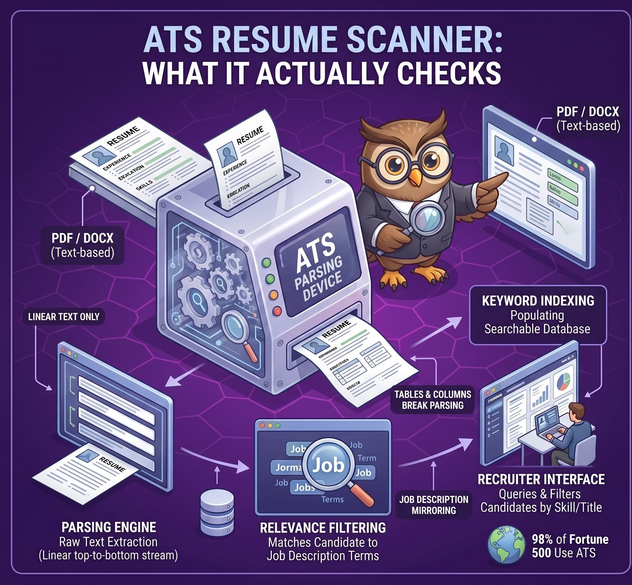 Diagram showing how an ATS resume scanner works, featuring the owl mascot explaining text extraction, parsing, keyword indexing, and recruiter search filters.